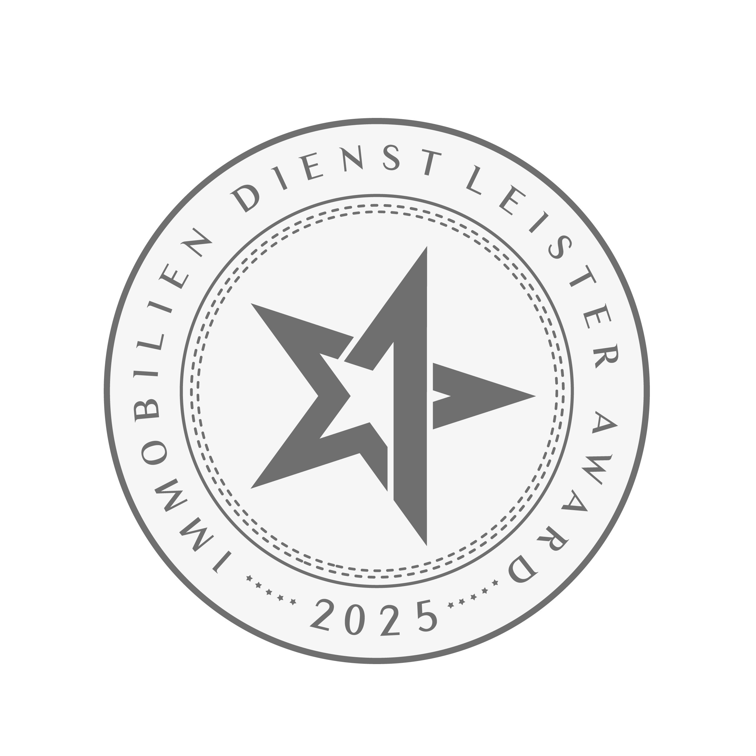 Rundes Siegel, Stern in Mitte, Schrift am Rand Immobilien Dienstleister Award 2025